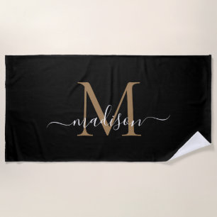 Elegante Black Gold Monogram Feminine Girly Script Strandtuch