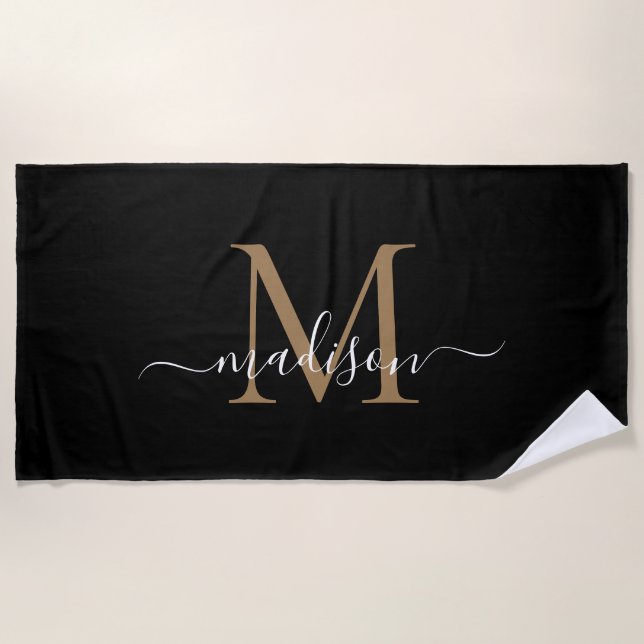 Elegante Black Gold Monogram Feminine Girly Script Strandtuch (Vorderseite)