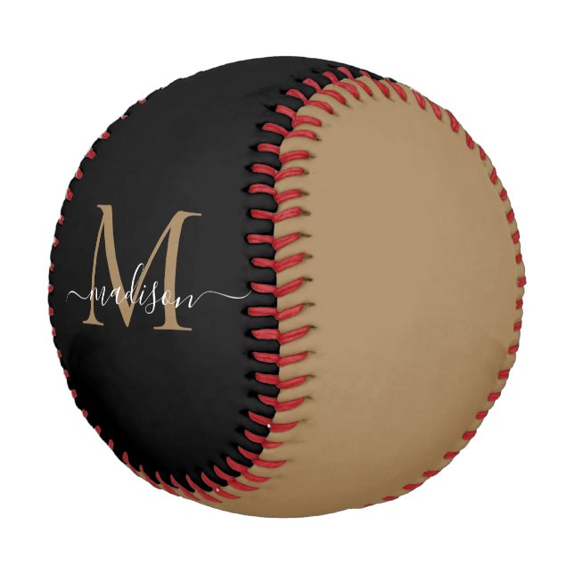 Elegante Black Gold Monogram Feminine Script Name Baseball (Schrägansicht)