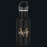 Elegante Black Gold Monogram Feminine Script Name Edelstahlflasche<br><div class="desc">Elegante Black Gold Monogram Feminine Script Name Edelstahl Wasserflasche. Diese elegante Edelstahl-Wasserflasche personalisieren Sie einfach mit Ihrem individuellen Monogramm und Namen.</div>