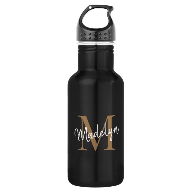 Elegante Black Gold Monogram Feminine Script Name Edelstahlflasche (Vorderseite)