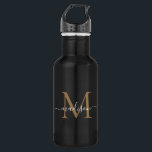 Elegante Black Gold Monogram Feminine Script Name Edelstahlflasche<br><div class="desc">Elegante Black Gold Monogram Feminine Girly Script Name Stainless Steel Water Flasche</div>