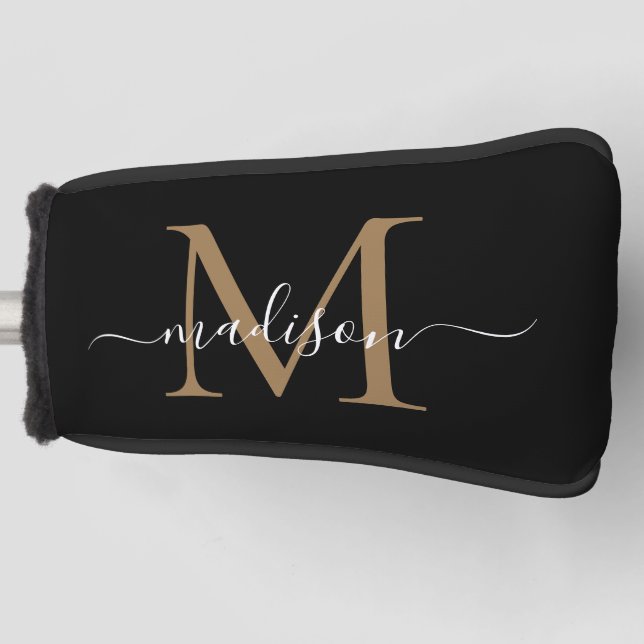 Elegante Black Gold Monogram Feminine Script Name Golf Headcover (Vorderseite)