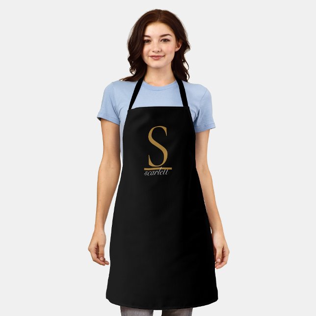 Elegante Black Gold Monogram Girly Feminine Script Schürze (Von Creator hochgeladen)