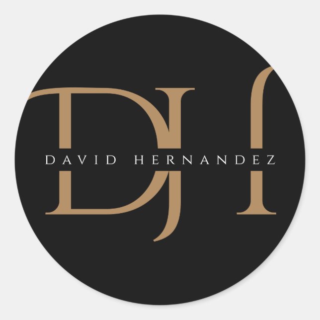 Elegante Black Gold Monogram Initials Moderne Cust Runder Aufkleber (Vorderseite)