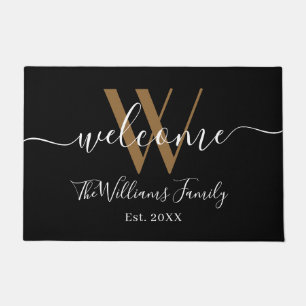 Elegante Black Gold Monogram Name Script Newlyweds Fußmatte