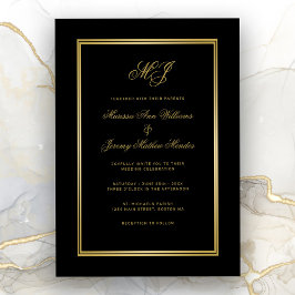 Elegante Black Gold Monogram Script Hochzeit Einladung