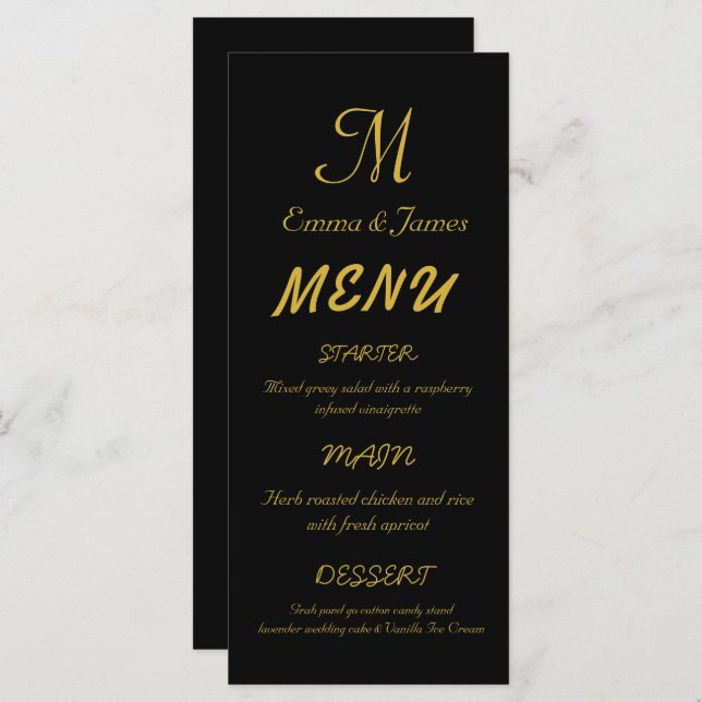 Elegante Black & Gold Monogram Script Hochzeit Menükarte (Vorne/Hinten)