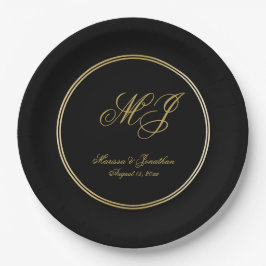 Elegante Black Gold Monogram Script Hochzeit Pappteller
