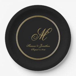 Elegante Black Gold Monogram Script Hochzeit Pappteller