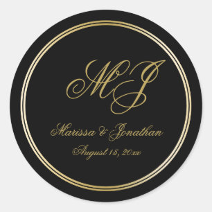 Elegante Black Gold Monogram Script Hochzeit Runder Aufkleber