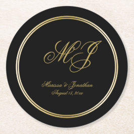 Elegante Black Gold Monogram Script Hochzeit Runder Pappuntersetzer