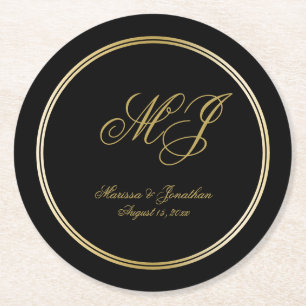 Elegante Black Gold Monogram Script Hochzeit Runder Pappuntersetzer