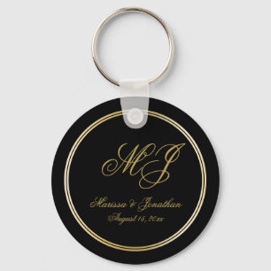 Elegante Black Gold Monogram Script Hochzeit Schlüsselanhänger