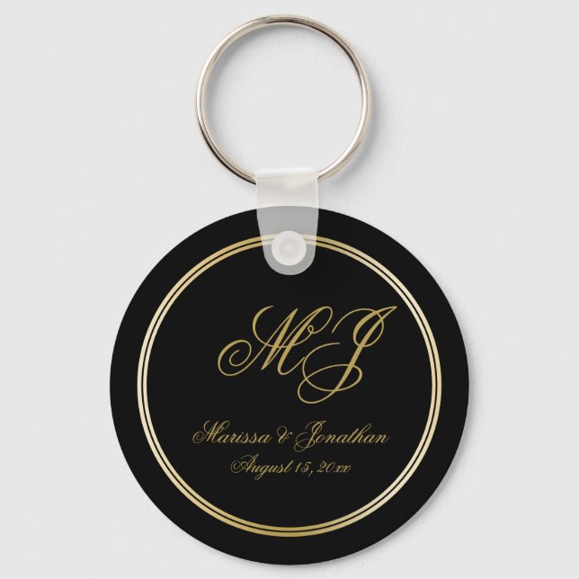 Elegante Black Gold Monogram Script Hochzeit Schlüsselanhänger (Vorderseite)