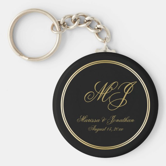 Elegante Black Gold Monogram Script Hochzeit Schlüsselanhänger (Vorne)