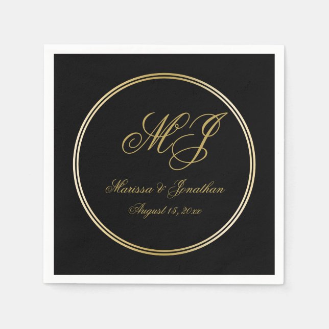 Elegante Black Gold Monogram Script Hochzeit Serviette (Vorderseite)