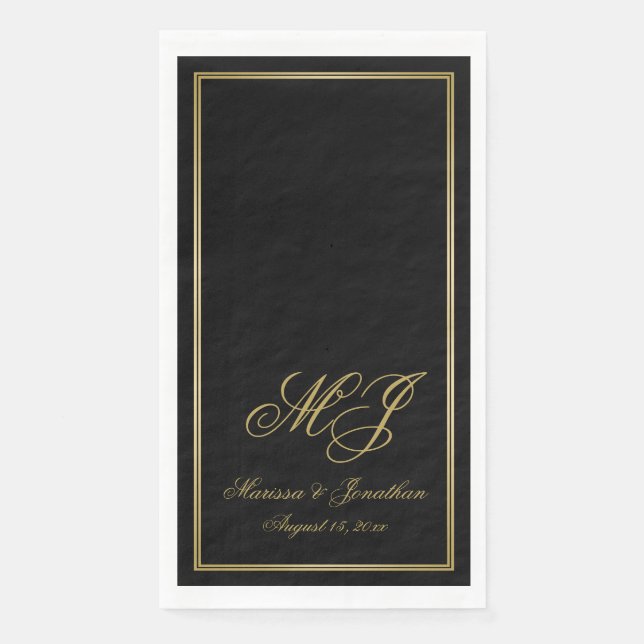 Elegante Black Gold Monogram Script Hochzeit Serviette (Vorderseite)
