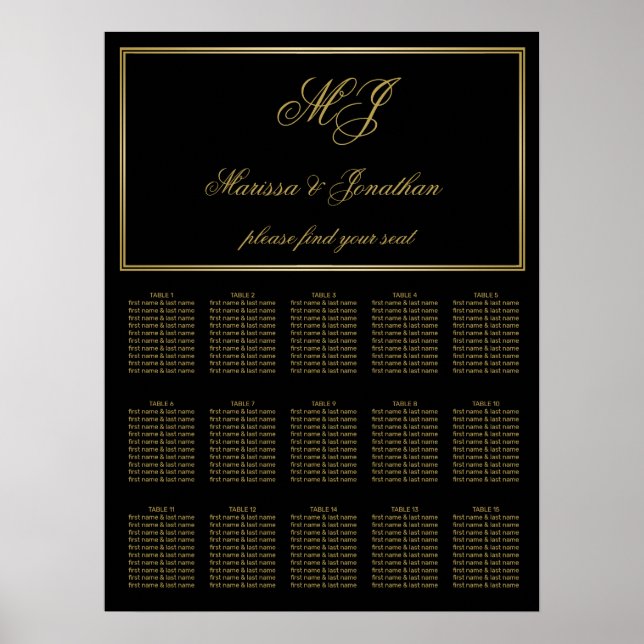 Elegante Black Gold Monogram Script Hochzeitssitze Poster (Vorne)
