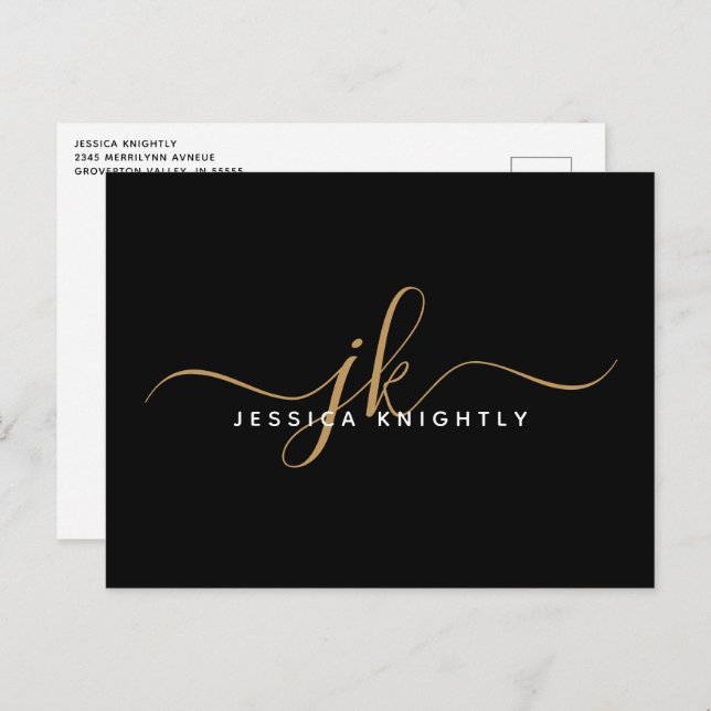Elegante Black Gold Monogram Script Initials Postkarte (Vorne/Hinten)