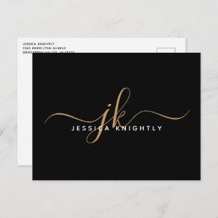 Elegante Black Gold Monogram Script Initials Postkarte