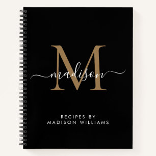 Elegante Black Gold Monogram Script Name Rezept Notizbuch