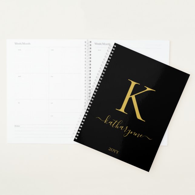Elegante Black Gold Monogram Script Typografie Planer (Anzeige)