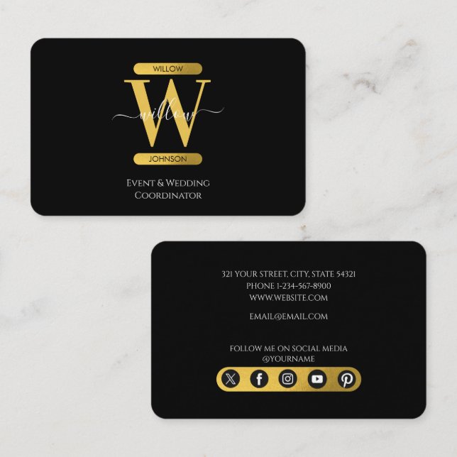 Elegante Black & Gold Monogram Social Media Icons Visitenkarte (Vorne/Hinten)