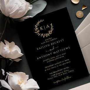 Elegante Black & Gold Monogram Wreath Wedding Einladung