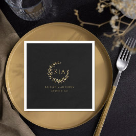 Elegante Black & Gold Monogram Wreath Wedding Serviette
