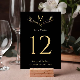 Elegante Black & Gold Monogram Wreath Wedding Tischnummer
