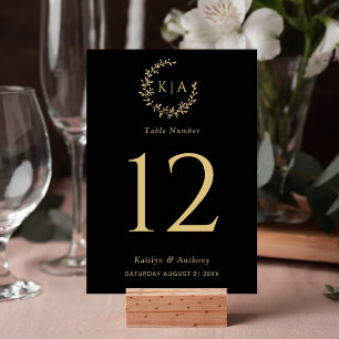 Elegante Black & Gold Monogram Wreath Wedding Tischnummer