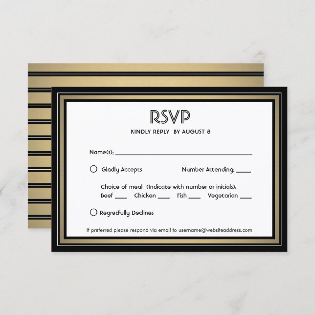 Elegante Black & Gold-Optionen für die Grenz- und  RSVP Karte (Vorne/Hinten)