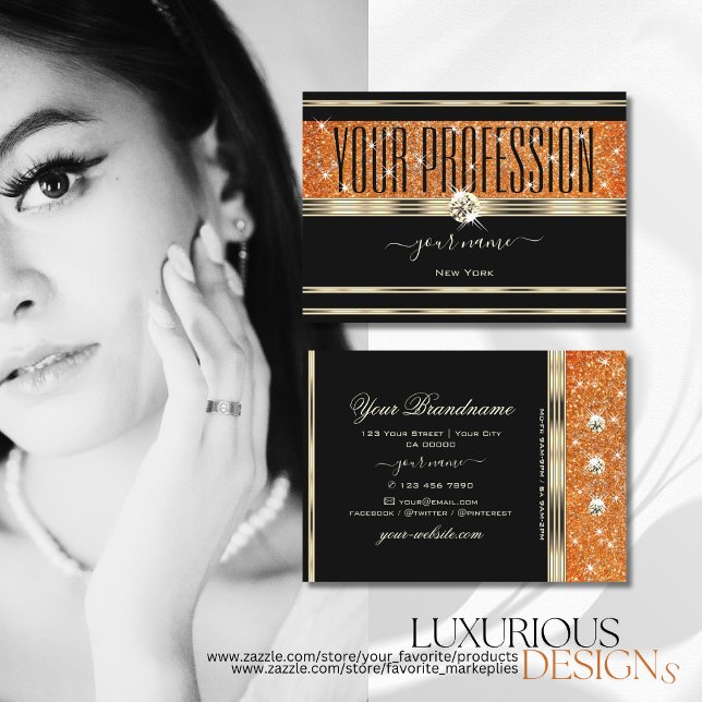 Elegante Black Gold Orange Sparkle Glitzer Visitenkarte (Von Creator hochgeladen)