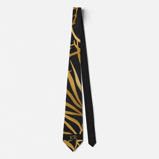 Elegante Black Gold Palm Leaf Muster Initials Krawatte (Vorderseite)