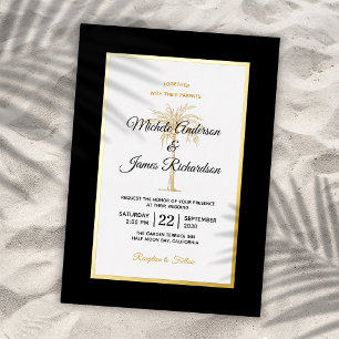 Elegante Black Gold Palm Tree Beach Hochzeit Folieneinladung