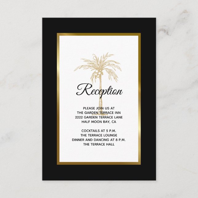 Elegante Black Gold Palm Tree Hochzeitsempfehlung Begleitkarte (Vorderseite)