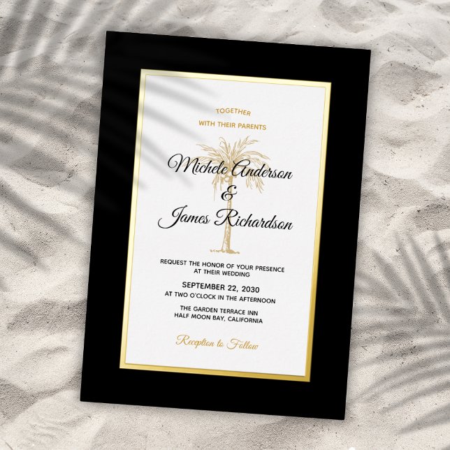 Elegante Black Gold Palm Tree Tropische Hochzeit Folieneinladung (Elegant Black Gold Palm Tree Tropical Wedding Foil Invitation)