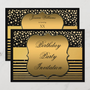 Elegante Black & Gold Polka Dots & Stripes Geburts Einladung