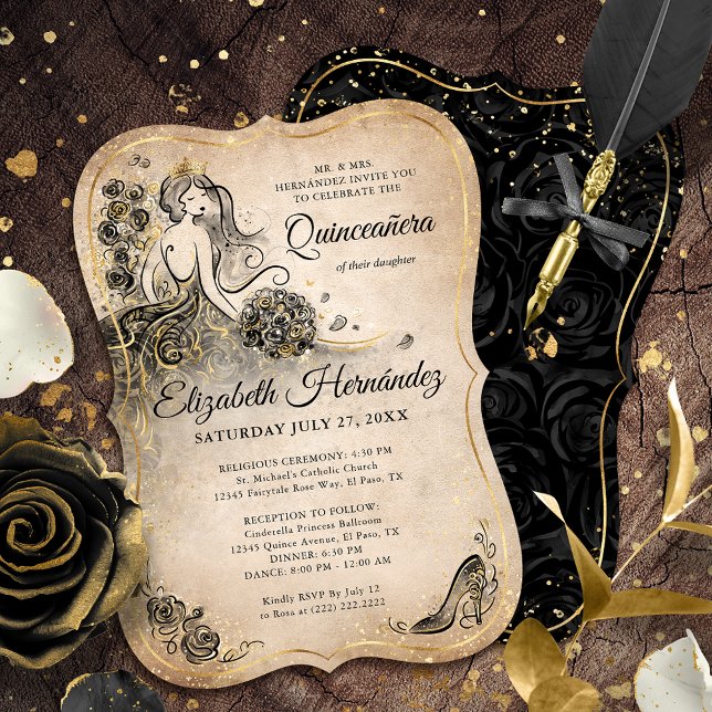 Elegante Black Gold Princess Quinceanera Geburtsta Einladung (Unique, elegant black and gold princess quinceanera invitations on an easy DIY template.)