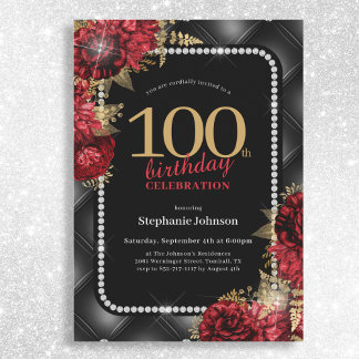 Elegante Black Gold Red Floral 100. Geburtstagspar Einladung