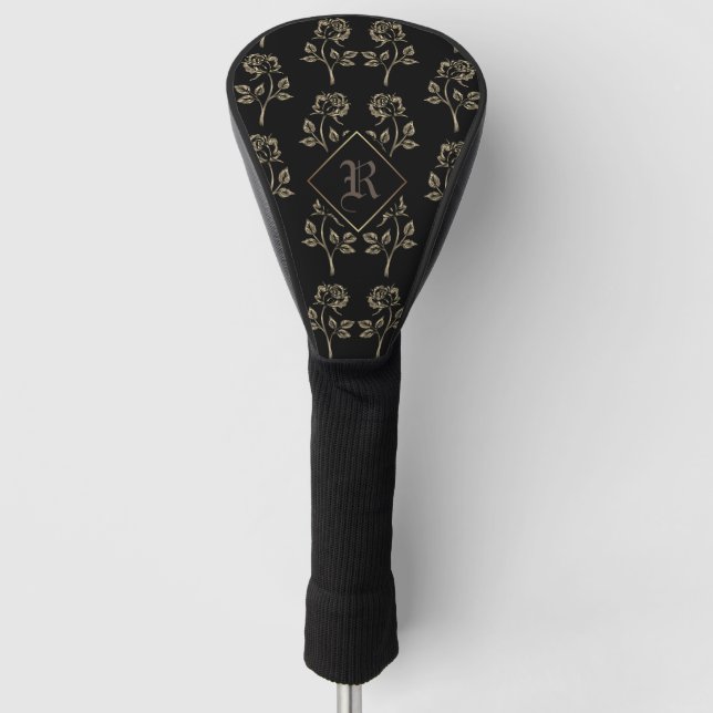 Elegante Black & Gold Rose Mit Monogramm Golf Headcover (Vorderseite)