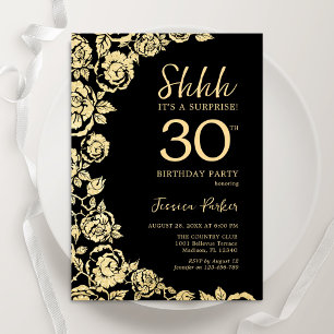Elegante Black Gold Rose Überraschung 30. Geburtst Einladung