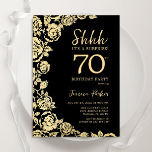 Elegante Black Gold Rose Überraschung 70. Geburtst Einladung