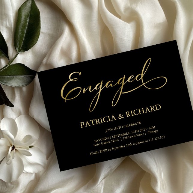 Elegante Black-Gold-Script-Engagement-Partei Einladung (Von Creator hochgeladen)