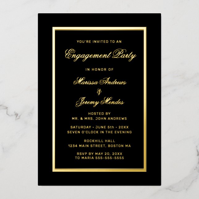 Elegante Black-Gold-Script-Engagement-Partei Folieneinladung (Vorderseite)