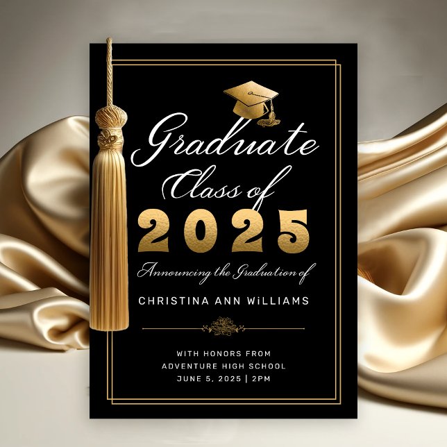 Elegante Black Gold Script-Klasse des Abschlusses  Ankündigung (Elegant Gold White Script on Black with thin gold frame Graduation Announcement)