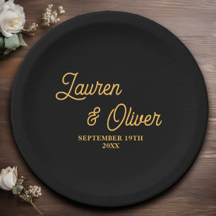 Elegante Black Gold Script Minimalistisch Wedding Pappteller