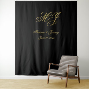 Elegante Black-Gold-Script Monogram-Hochzeit Wandteppich