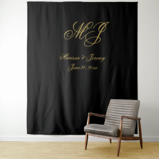 Elegante Black-Gold-Script Monogram-Hochzeit Wandteppich
